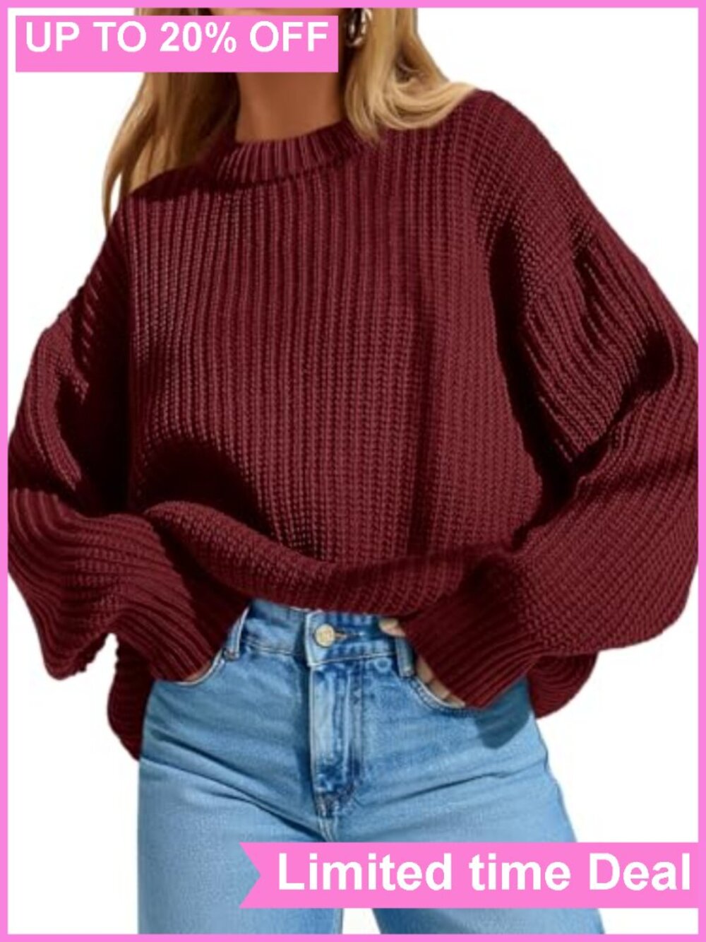 Oversized Crewneck Pullover Sweater Batwing Long Sleeve Knit
